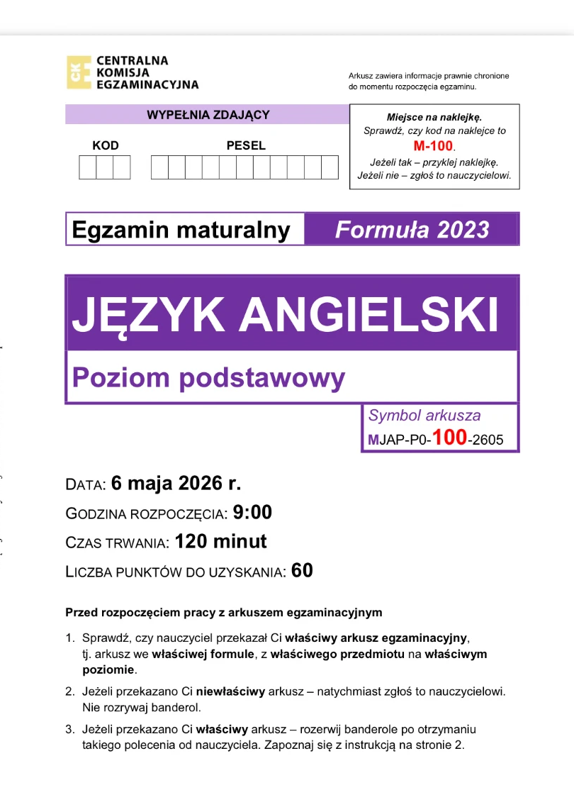 Okładka arkusza egzaminacyjnego z języka angielskiego na poziomie podstawowym, symbol arkusza MJAP-P0